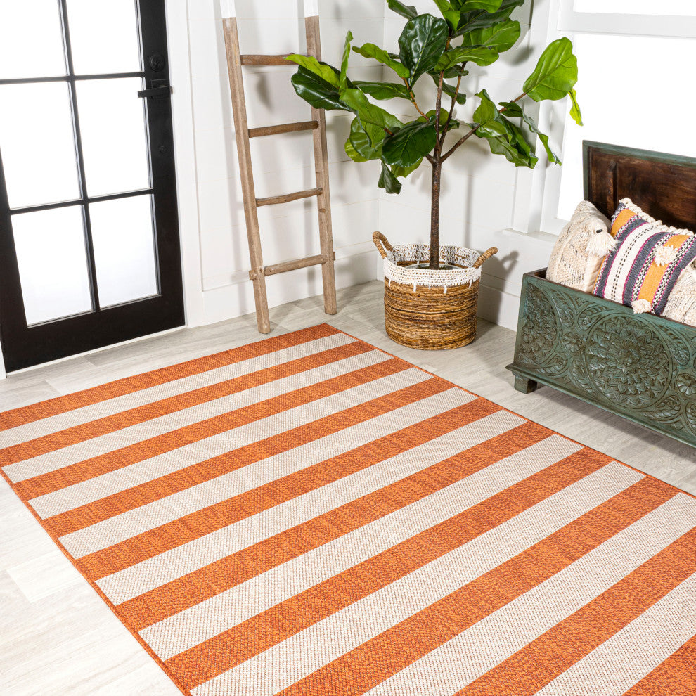 Negril Two-Tone Wide Stripe Indoor/Outdoor Area Rug, Orange/Beige, 3x5