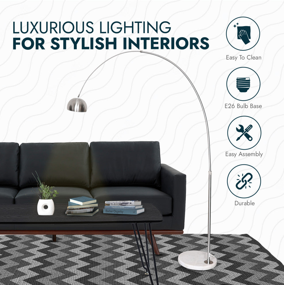 Leisuremod Arco Floor Lamp With White Marble Base and Metal Lamp Shade, Silver