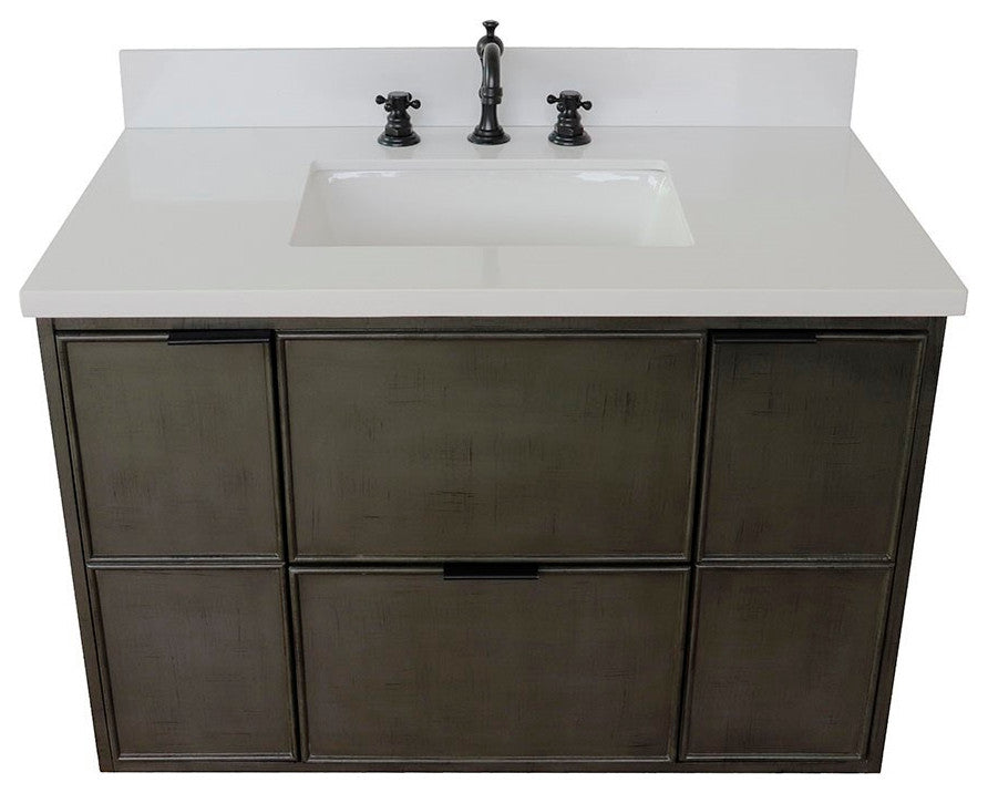 37" Single Wall Mount Vanity, Linen Gray Finish With White Engineered Stone Top