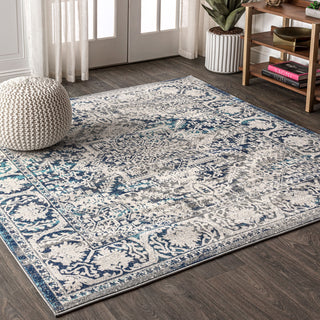 Modern Persian Vintage Medallion Area Rug, Blue, 9' Square