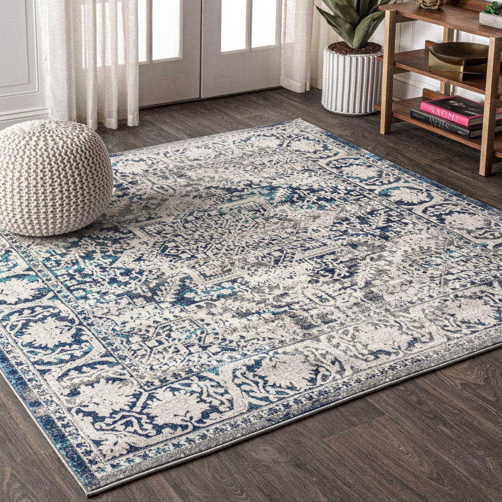 Modern Persian Vintage Medallion Area Rug, Blue, 9' Square