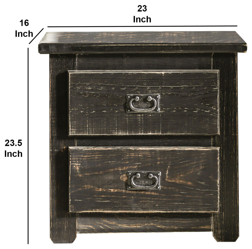 Plank Design 2 Drawer Wooden Nightstand with Bail Pulls, Black