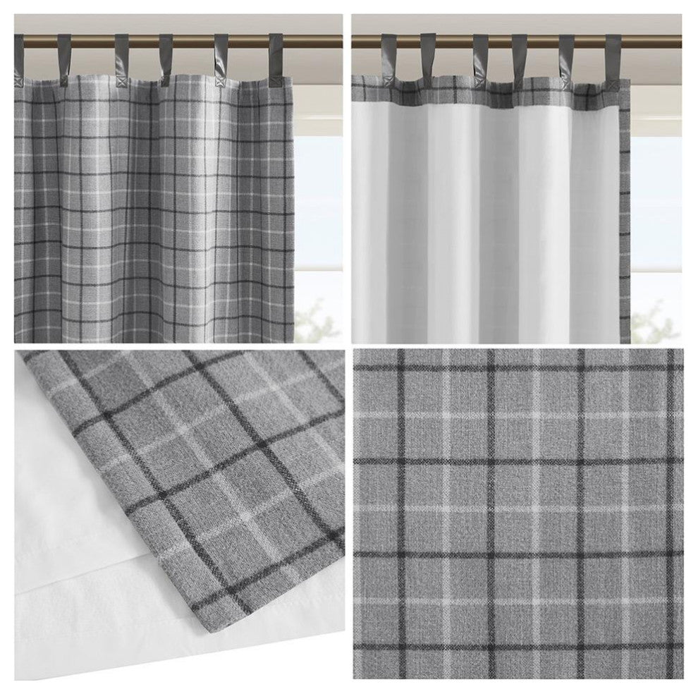 Plaid Faux Leather Tab Top Curtain Panel with Fleece Lining