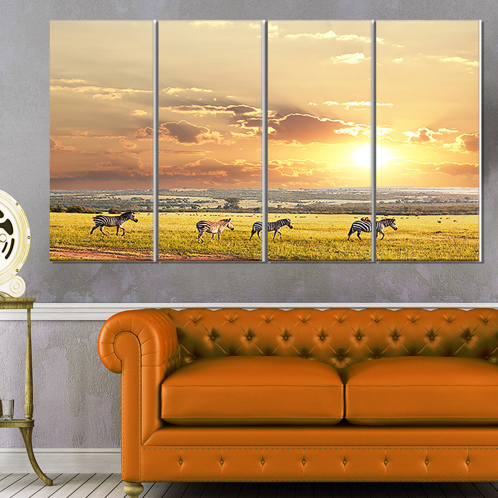Zebras Wandering in African Prairie, Landscape Canvas Art, 48"x28", 4 Panels