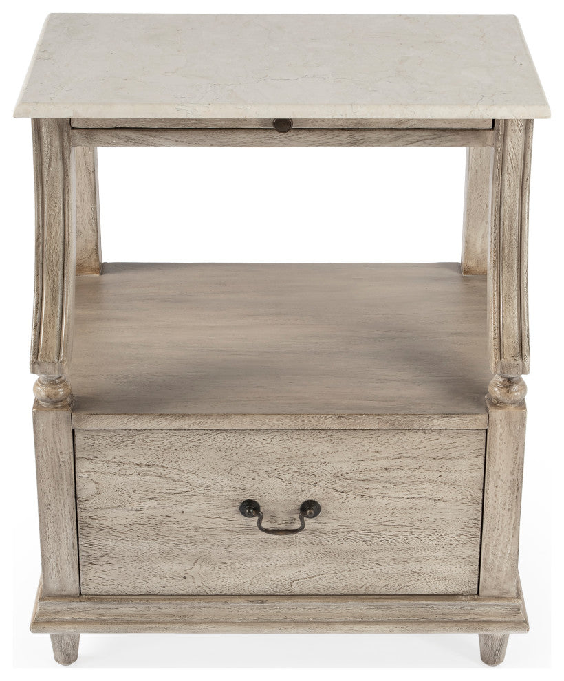 Mabel Genuine Marble and Wood 1-Drawer Nightstand, Gray