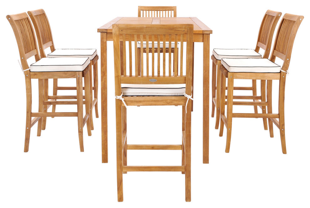 7 Piece Teak Wood Castle 71" Rectangular Patio Bistro Bar Set with 6 Barstools