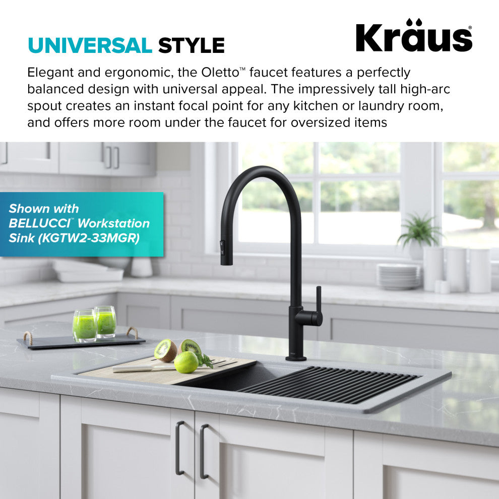 Oletto Pull-Down 1-Hole Kitchen Faucet, Matte Black, Model Kpf-2821mb