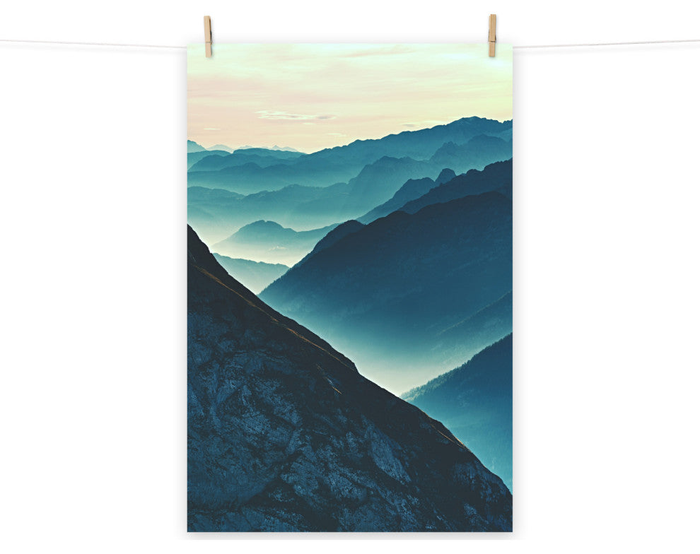 Misty Blue Silhouette Mountain Range Landscape Photo Unframed Wall Art Prints, 12" X 18"