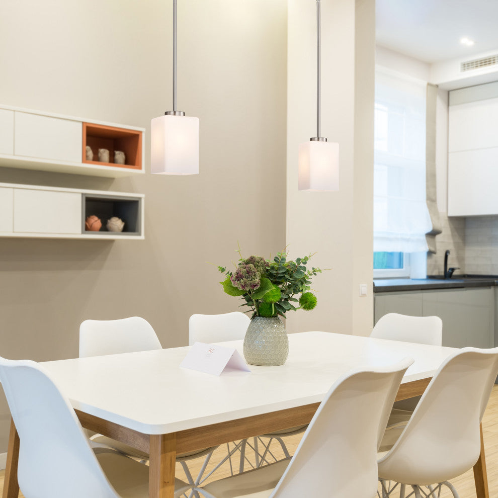 1-Light Brushed Nickel Mini Pendant With Square Shaped White Glass Shade