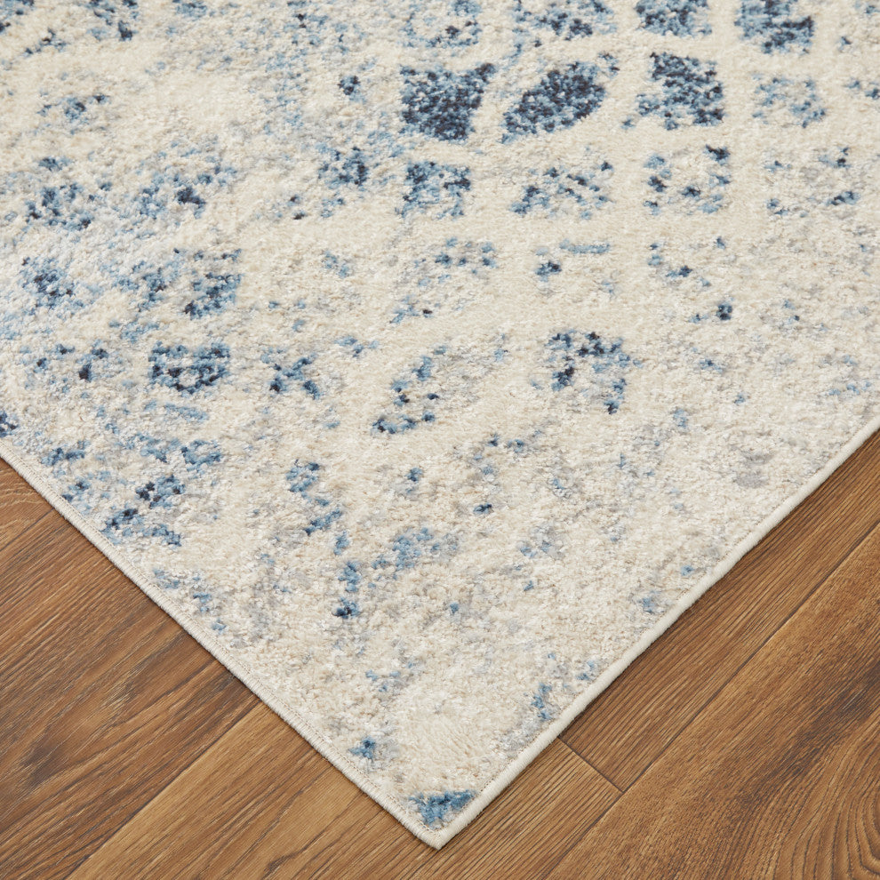 Wyllah Contrasting Distressed Area Rug, Ivory/Blue, 6'7"x9'6"
