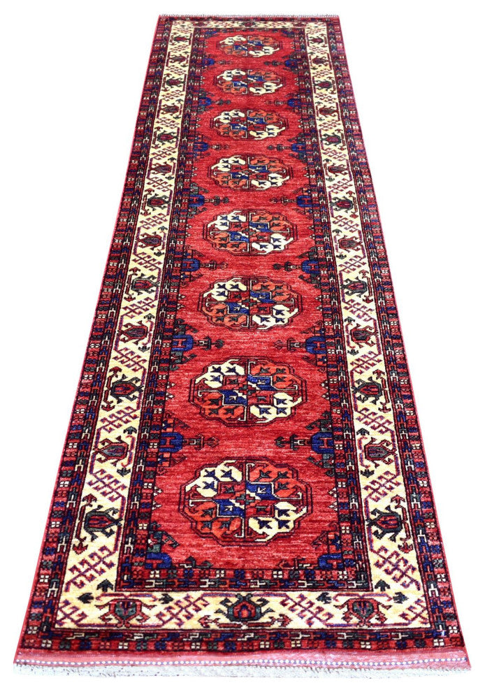 Coral Red, Afghan Ersari 100% Wool hand Knotted Oriental Runner Rug, 2'8" x 9'7"