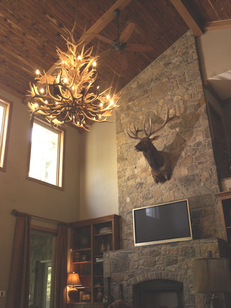 Elk, Fallow Cascade Deer Antler Chandelier Light, Large, No Shades