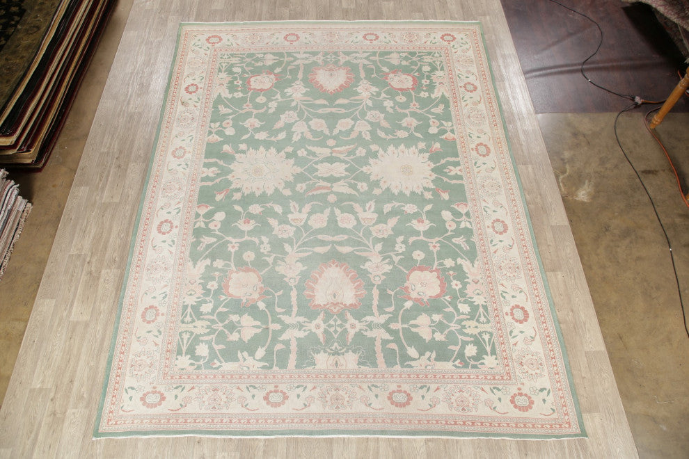 Traditional All-Over Hand Made Turkish Oriental Area Rug, Green, 10 X 13