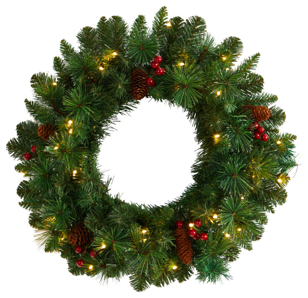 20" Frosted Pine Artificial Christmas Wreath, Pinecones, Berries 35 LED Lights