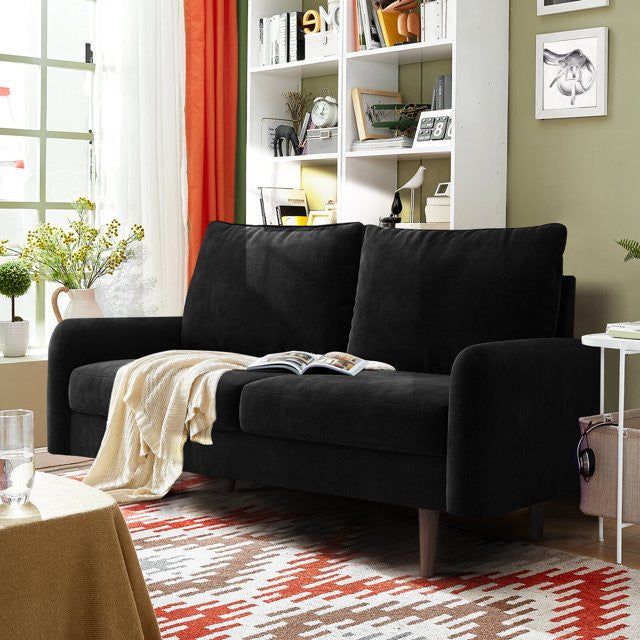 Retro Modern Velvet Loveseat with Tapered Wood Legs and Comfy Upholstered Seat, Black
