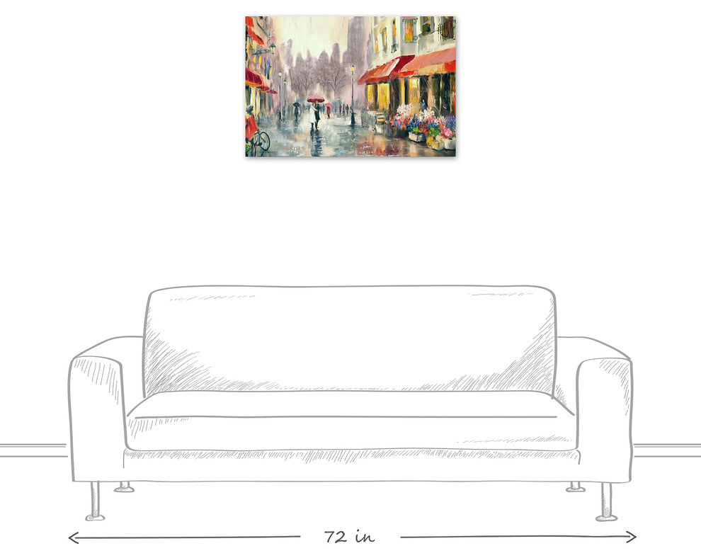 Red Umbrella in Rainy European City 20x30 Canvas Wall Art