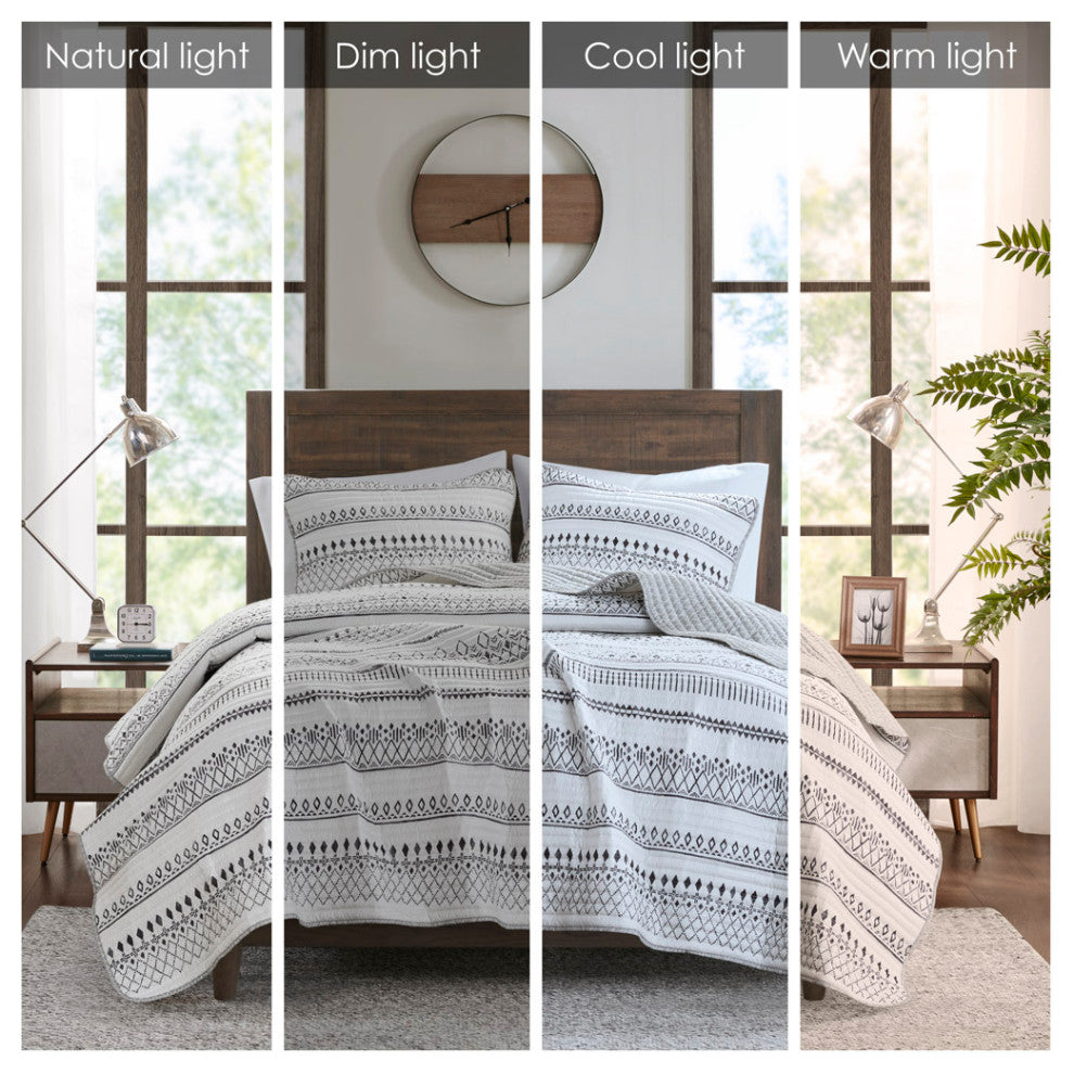 Madison Park Fraser 3 Piece Printed Microfiber Seersucker Quilt Set, Ivory/Black, King/Cal King