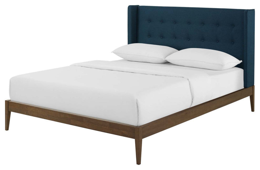 Contemporary Modern Bedroom Queen Size Platform Bed Frame, Fabric, Blue