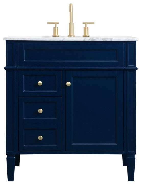 Home Living Vanity with Carrara White Marble Countertop, Blue, 32", Single Sink