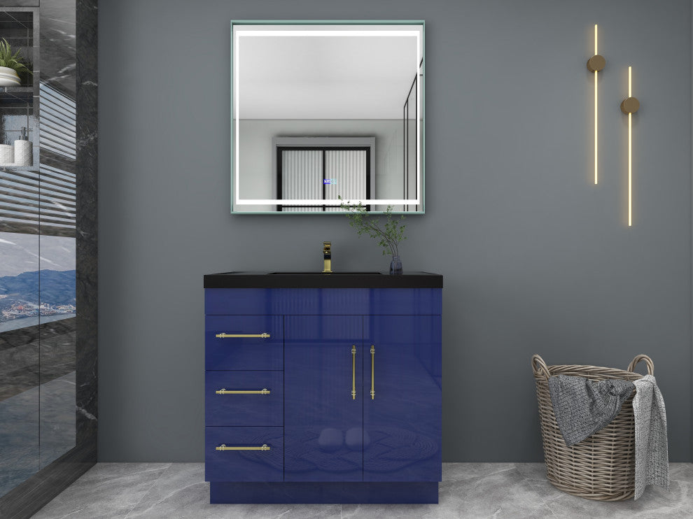 Rosa 36" Free Standing Modern Vanity, High Gloss Night Blue, Matt Black Top