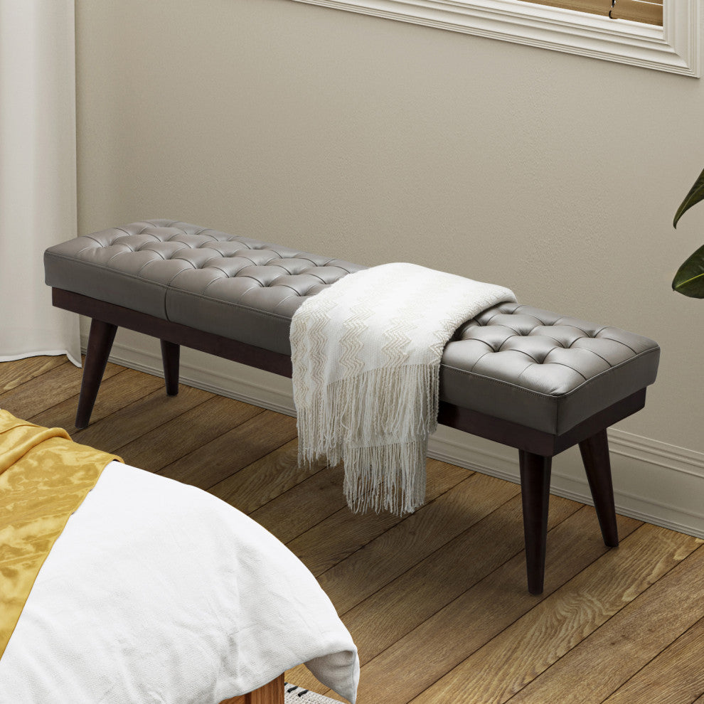 55.5"W Genuine Leather Bedroom Bench, Gray