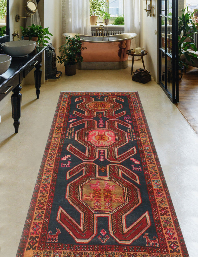 Fine Vintage Distressed Dayan Navy/Rust Runner, 3'11x9'8