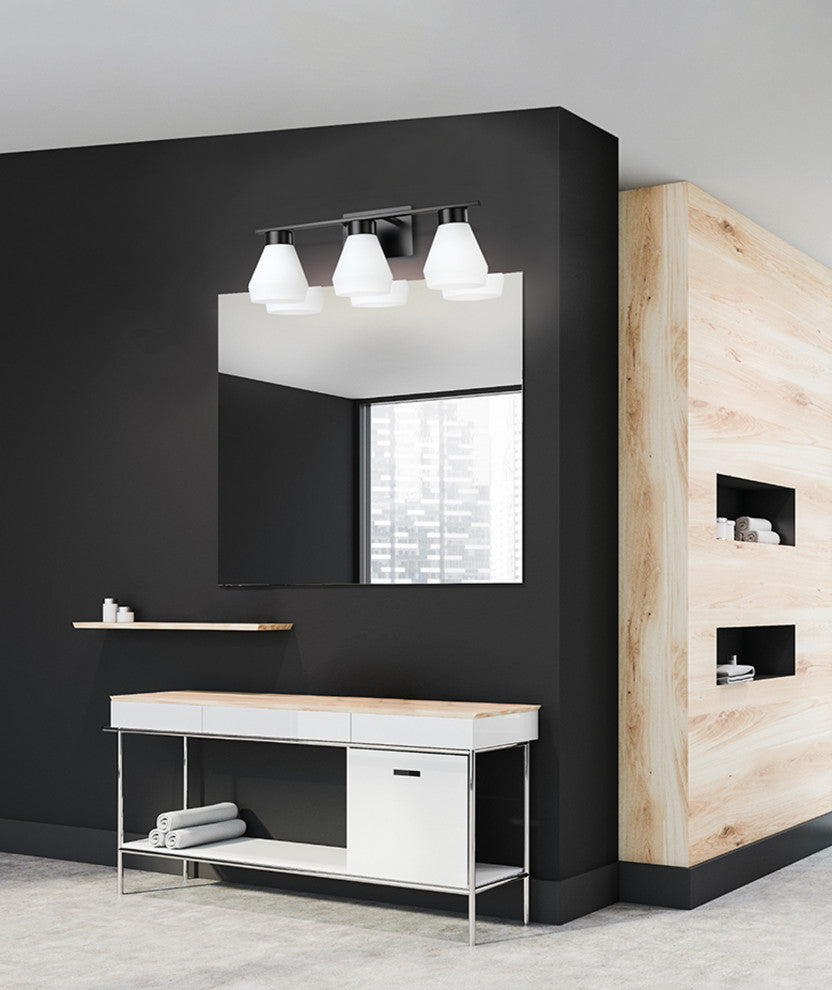 Copeland 3-Light Bath/Vanity Light, Matte Black Finish, White Glass Shade