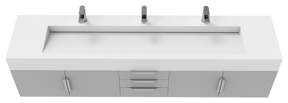 CastelloUSA Nile 84" Wall Mounted Bathroom Vanity Set, Gray, White Top, Chrome Handles