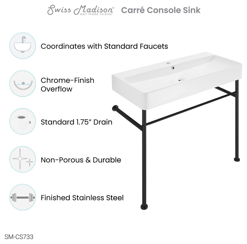 Carre 36" Ceramic Console Sink White Basin Black Legs