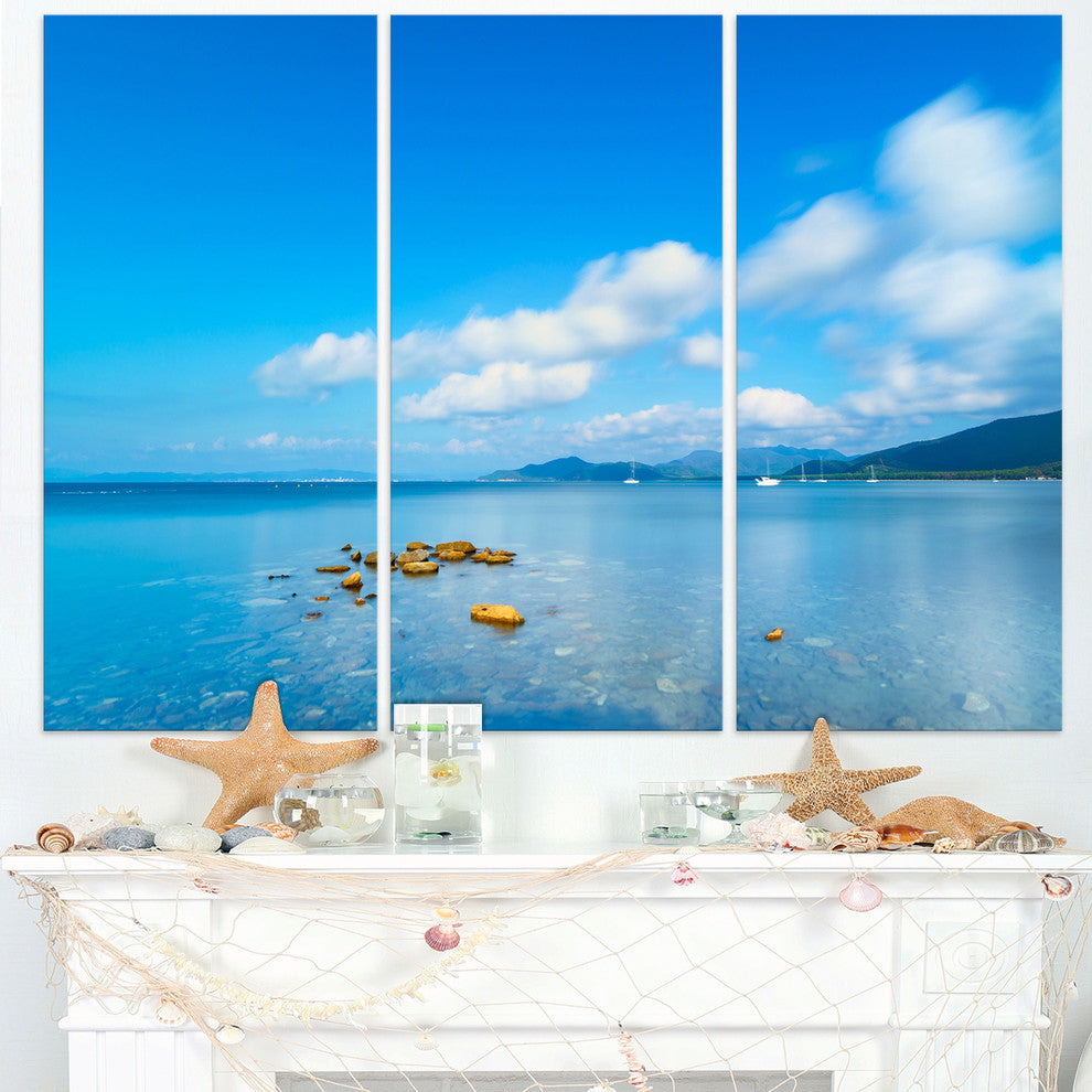 "Rocks in a Blue Panoramic Sea Bay" Metal Wall Art, 3 Panels, 36"x28"