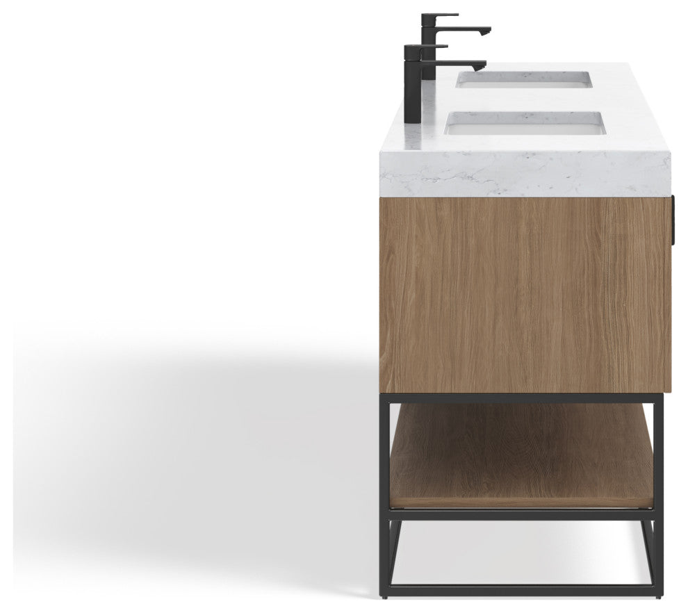 Bahia Bath Vanity, Oak, 84", Matte Black Hardware, Double, Freestanding