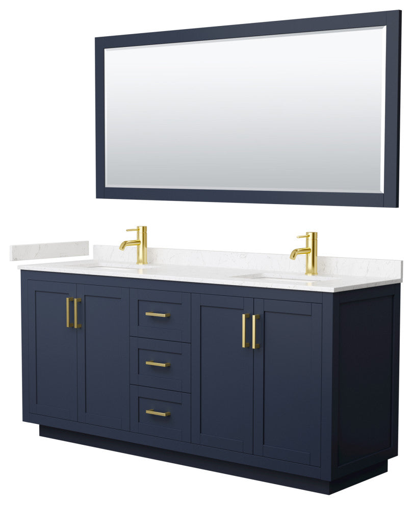 72"DBL Vanity Dark Blue, LV Carrara Cult. Top, Sinks, Gold Trim, 70"Mirror