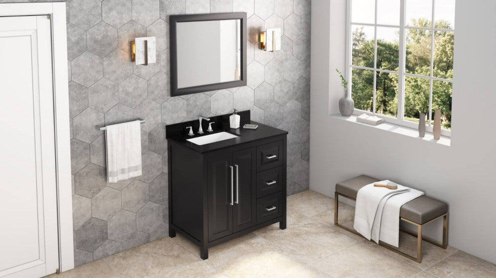 Cade Transitional 36" Black Left Offset Sink Vanity, Black Granite Vanity Top