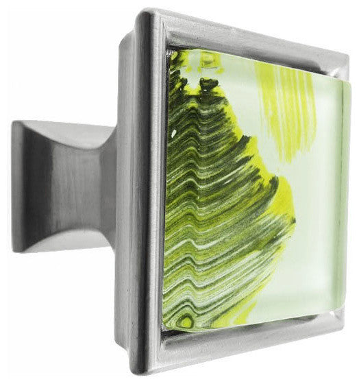 Hand Brushed Abstract Moss Streaks Crystal Glass Brushed Nickel Classic Knob