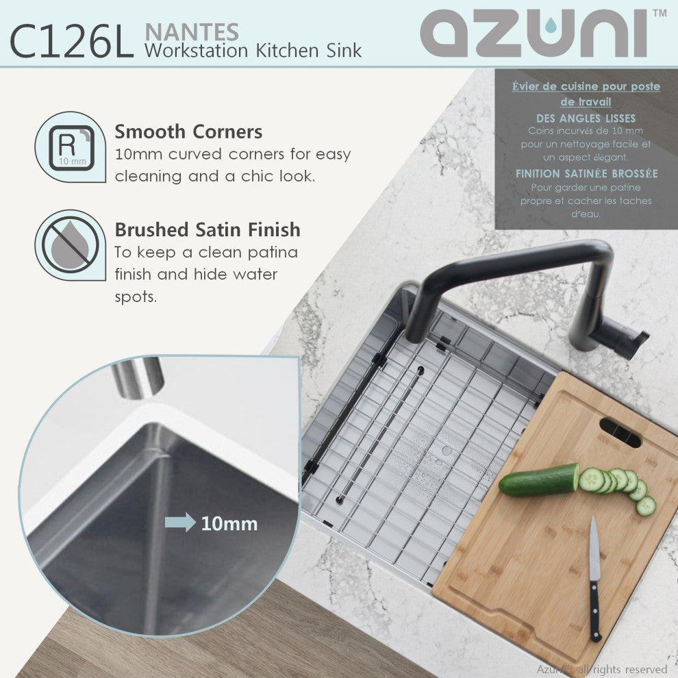 AZUNI 25"L x 19"L Single Bowl Undermount 16G Reversible Workstation Kitchen Sink