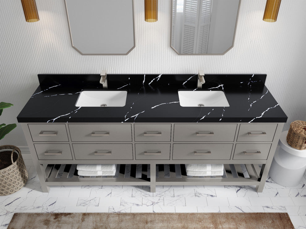 Parker 84" Double Sink Bath Vanity, Elephant Skin Gray 2" Calacatta Black