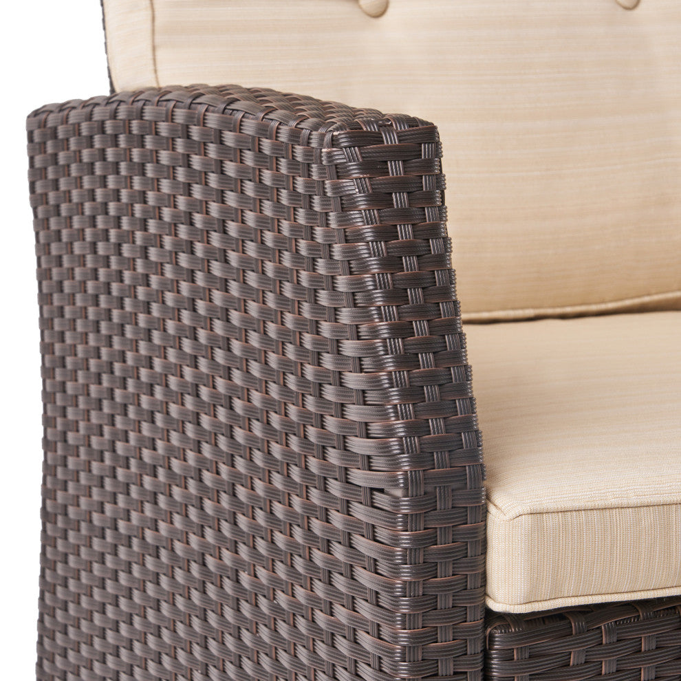 GDF Studio Amigo Outdoor 3-Seater Wicker Sofa With Beige Cushions, Dark Brown/Be