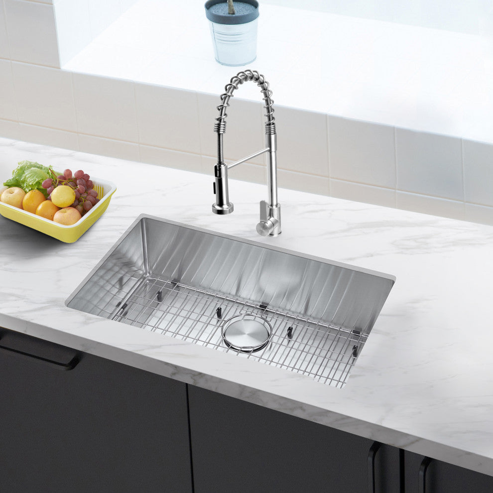30"Undermount Kitchen Sink and Faucet  Drain AssemblyandStrainer, Bottom Grid