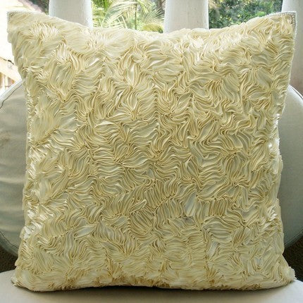 Textured 12x12 Art Silk Ivory Throw Pillows Cover for Couch, Thats Satin Ribbon
