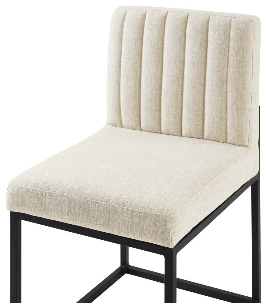 Tufted Side Dining Chair, Fabric, Metal, Black Beige, Modern, Bistro Restaurant