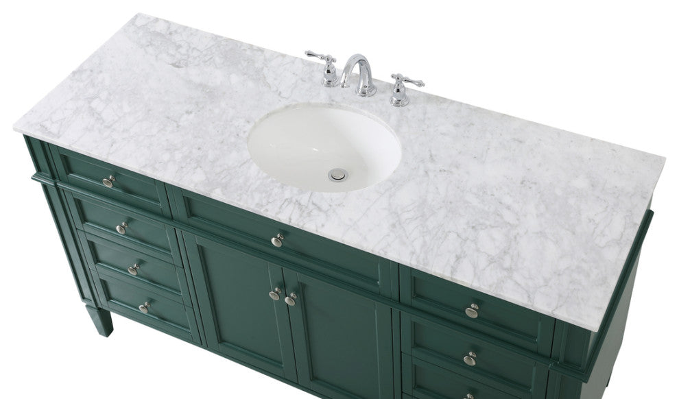 Home Living Vanity with Carrara White Marble Countertop, Green, 60", Single Sink
