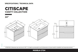 Citiscape Bath Vanity, Textured Drawer Fronts Sink Included, White, 24"