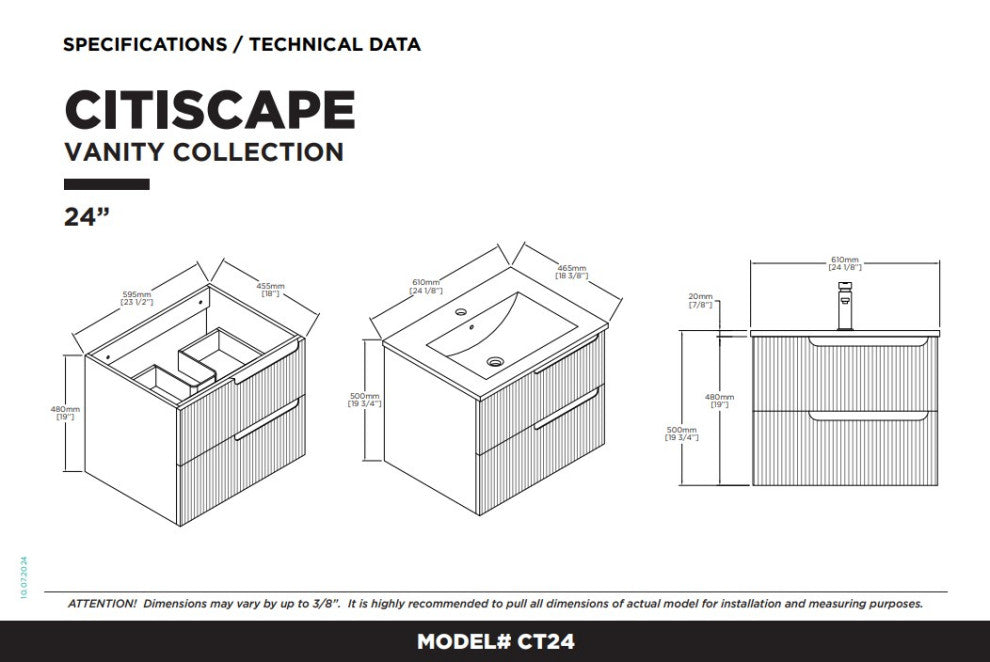 Citiscape Bath Vanity, Textured Drawer Fronts Sink Included, White, 24"