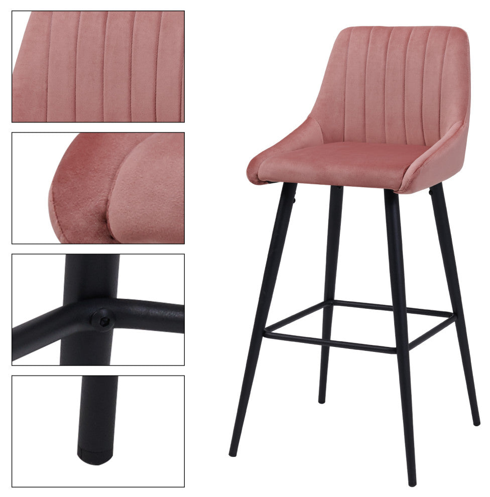 Set of 2 Vertical Channel Tufted Velvet Bar Stools, Pink, 30 Inch