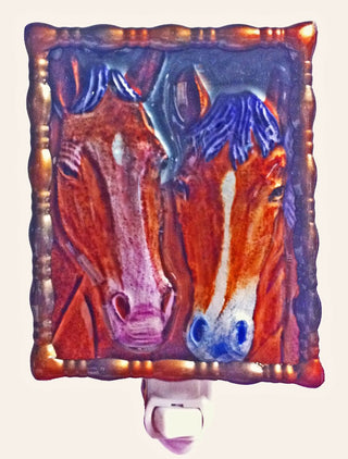 Hand Painted 2 Horse Faces Night Light with Glass Shade
