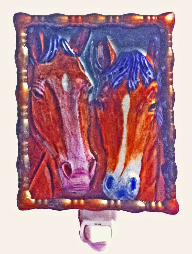 Hand Painted 2 Horse Faces Night Light with Glass Shade