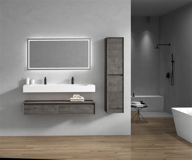 Alysa 60'' Floating Vanity, Acrylic Sink, Double Faucet Hole, Smoke Oak