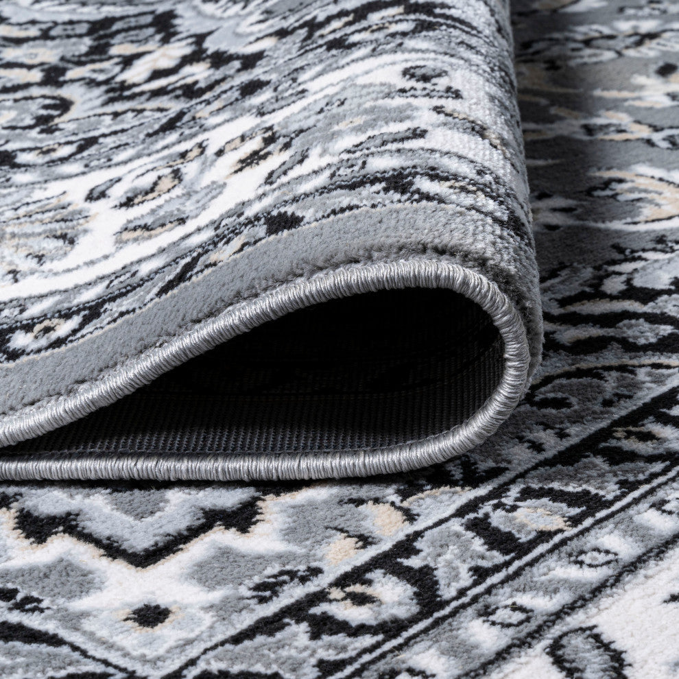 Palmette Modern Persian Floral Area Rug, Gray and Ivory, 8x10