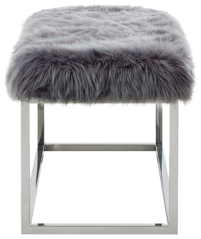 Astraea Faux Fur Metal Frame Ottoman Bench, Grey