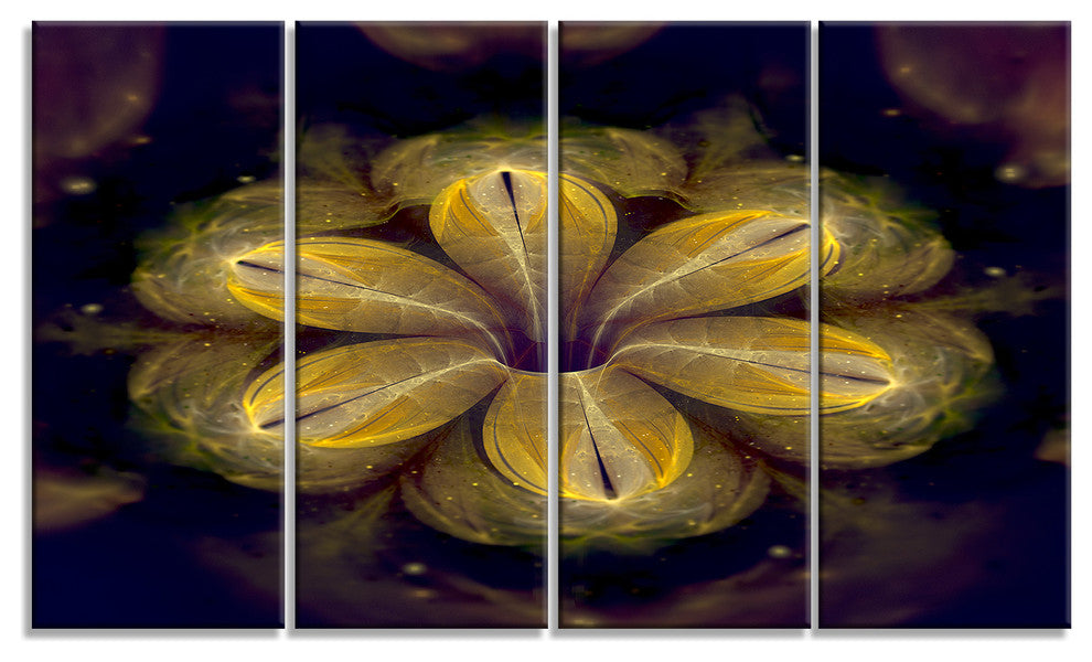 Black Yellow Fractal Flower Pattern, Abstract Canvas Print, 48"x28", 4 Panels